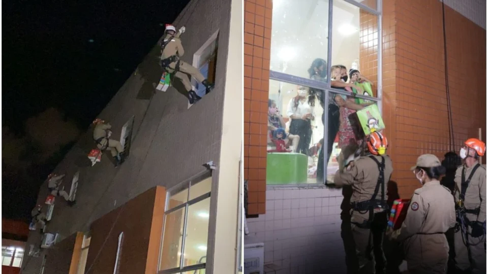 De forma inusitada, bombeiros fazem rapel para entregar presentes para crianças pela janela de hospital, em João Pessoa