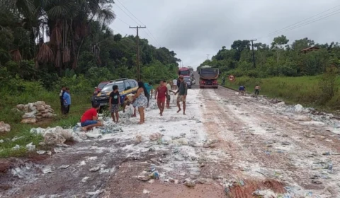 No AM, carga de leite em pó fica espalhada após caminhão tombar na BR-174
