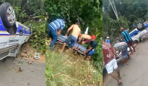 Ambulância capota com grávida e sete pessoas em Itapiranga, no AM; veja vídeo