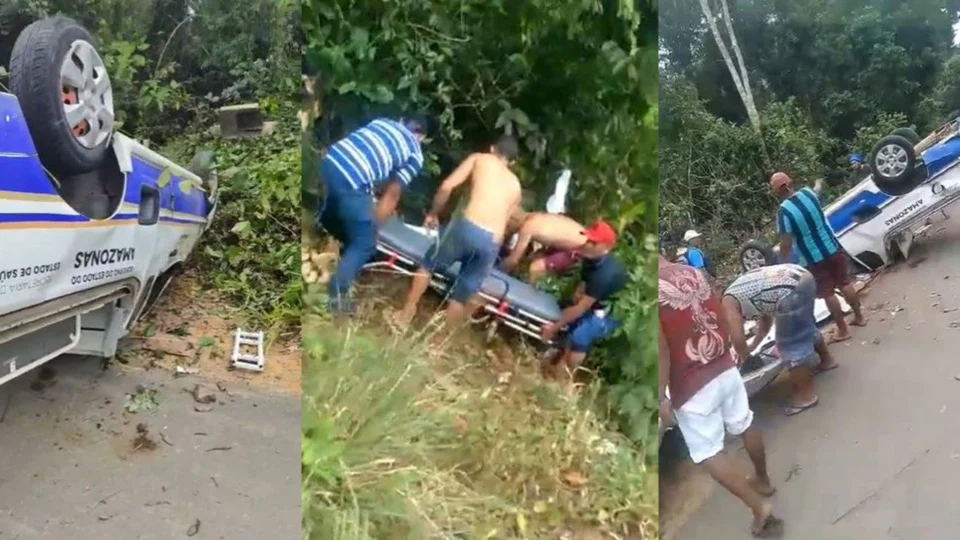 Ambulância capota com grávida e sete pessoas em Itapiranga, no AM; veja vídeo