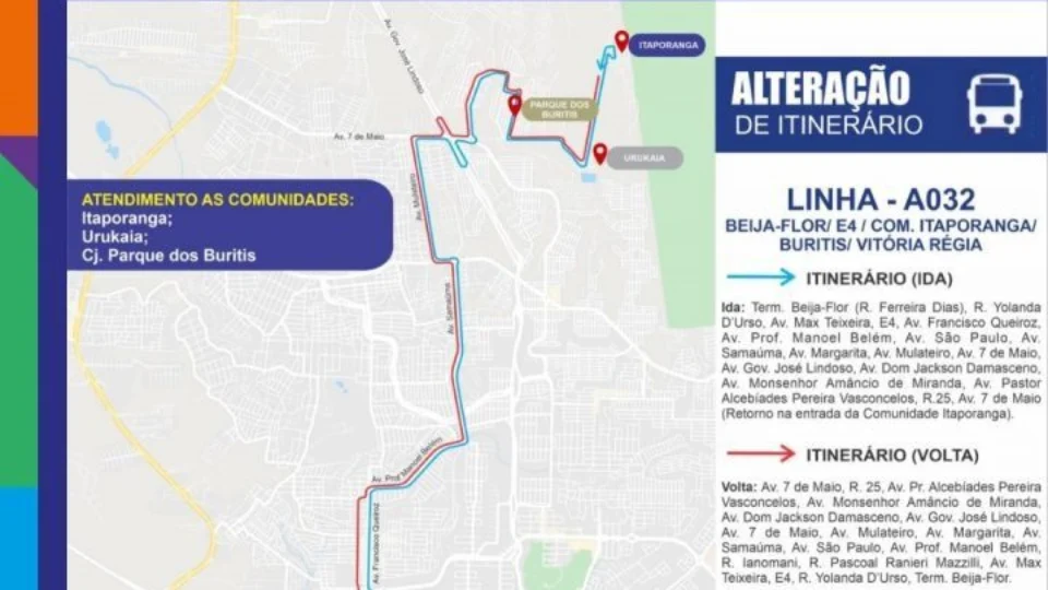 Itinerário da linha de ônibus A032 será alterado a partir desta terça em Manaus
