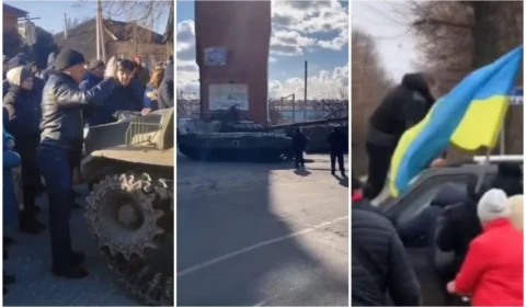 VÍDEO: civis ucranianos tentam bloquear passagem de veículos russos com seus próprios corpos