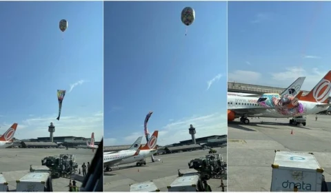 Balão cai em cima de avião no aeroporto de Guarulhos, em São Paulo
