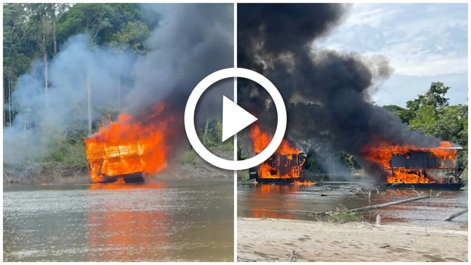Polícia Federal destrói balsas do garimpo ilegal em Jutaí, no AM; veja vídeos e fotos
