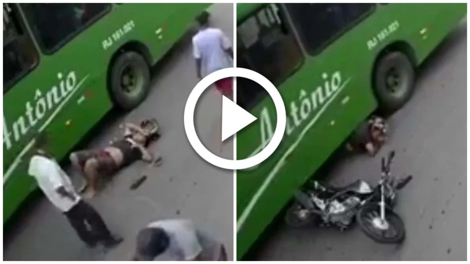 VÍDEO: motoqueiro perde controle, cai embaixo da roda de ônibus e é salvo por capacete, no RJ