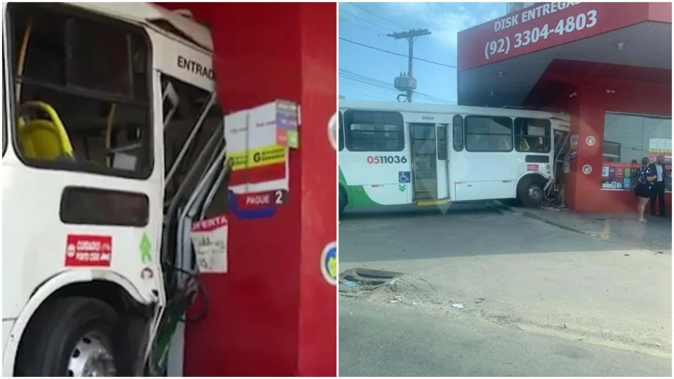 Ônibus colide com micro-ônibus e invade drogaria em Manaus