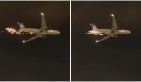 Vídeo: avião solta faíscas após decolar em Nova York, nos EUA