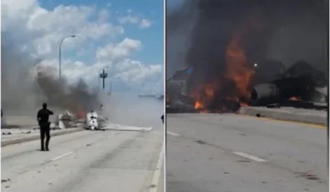 VÍDEO: uma pessoa morre após avião cair em cima de ponte e atingir carro no EUA