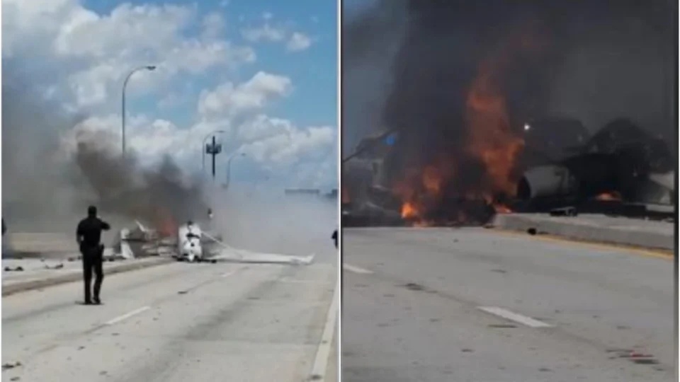 VÍDEO: uma pessoa morre após avião cair em cima de ponte e atingir carro no EUA