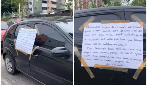Cansada de ser traída, mulher cola cartaz de término no carro do companheiro, em Belém