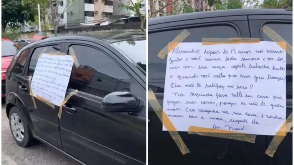 Cansada de ser traída, mulher cola cartaz de término no carro do companheiro, em Belém