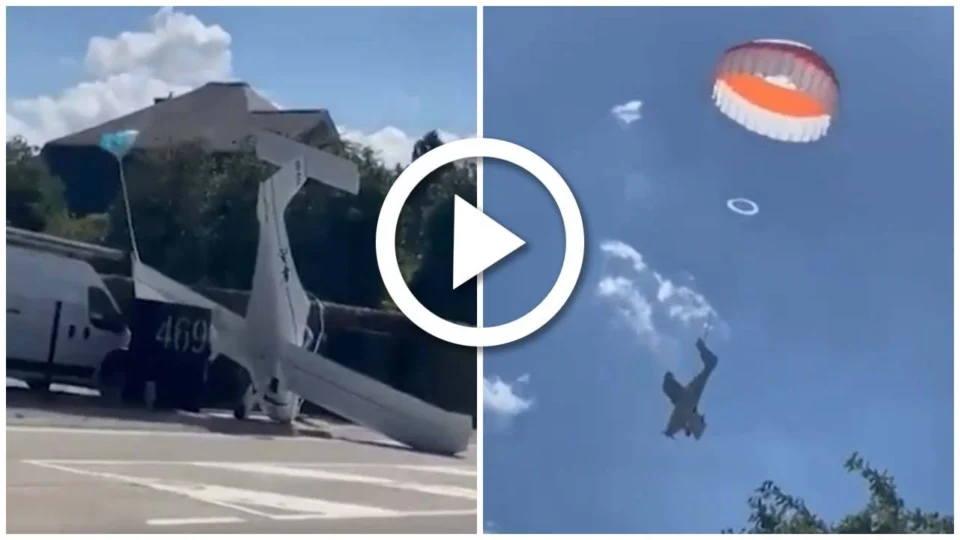 VÍDEO: aeronave desce pendurada em paraquedas e pousa no meio da rua na Bélgica