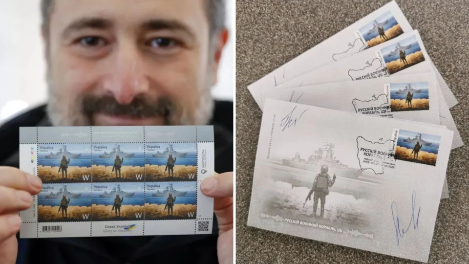 Selo postal com soldado mostrando dedo do meio a navio de guerra russo é lançado na Ucrânia