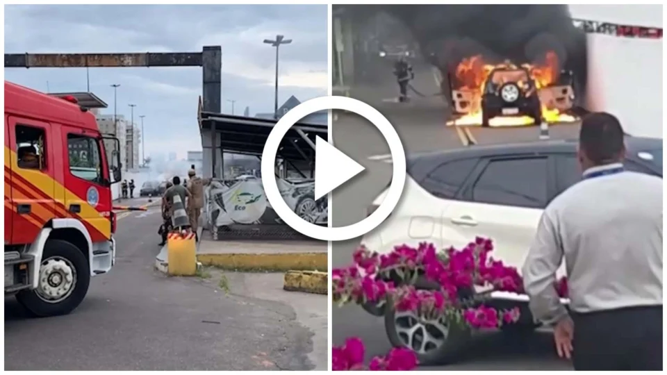 VÍDEO: carro pega fogo em estacionamento de supermercado na Zona Centro-Sul de Manaus