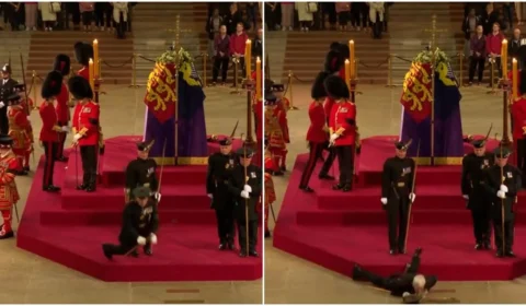 Guarda cai durante velório da rainha Elizabeth II em Londres, na Inglaterra