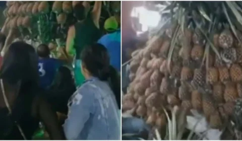 Escultura gigante de abacaxi desaba sobre público durante festa em Pernambuco