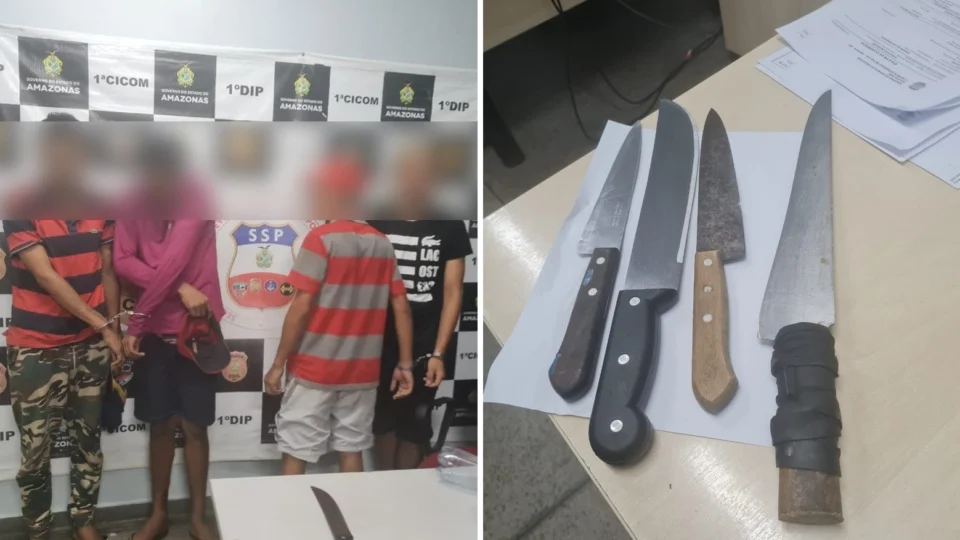 Trio é preso e adolescente é apreendido com facas dentro de ônibus em Manaus
