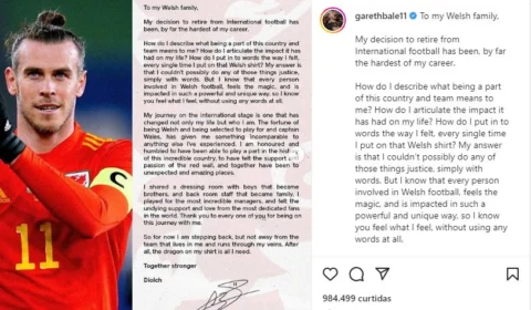 Atacante Gareth Bale anuncia aposentadoria aos 33 anos