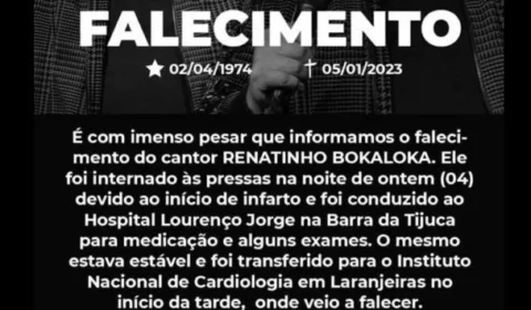 Cantor Renatinho do Bokaloka morre após sofrer infarto no Rio de Janeiro