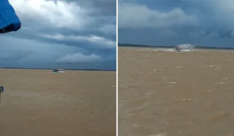 VÍDEO: lancha atravessa Rio Solimões durante forte ventania, no AM