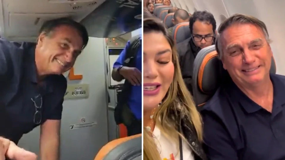 Espumante e celular na mão: como foram as 9 horas de voo de Bolsonaro até o Brasil