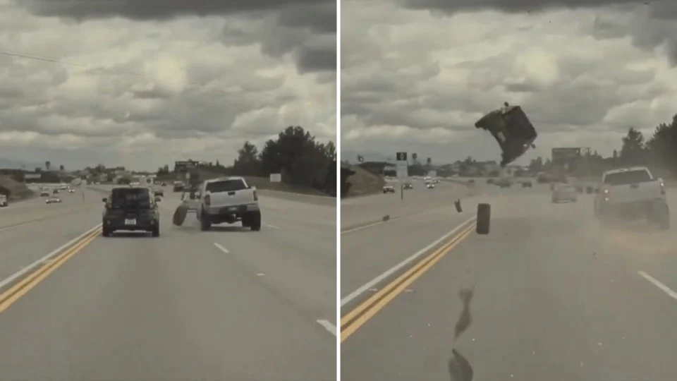 VÍDEO: carro bate em pneu e é lançado no ar em capotamento na Califórnia