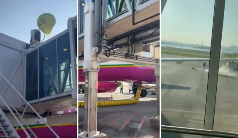 VÍDEO: balão cai na pista do Aeroporto Santos Dumont e pega fogo, no RJ