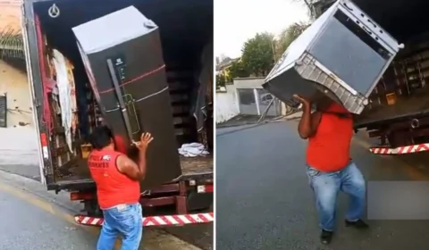 Entregador viraliza ao dançar funk com geladeira nas costas em SP; confira