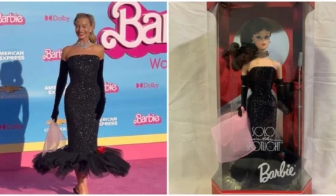 Atriz Margot Robbie usa vestido de Barbie antiga em pré-estreia do filme