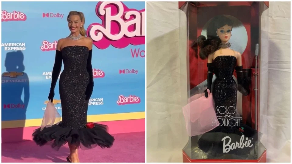 Atriz Margot Robbie usa vestido de Barbie antiga em pré-estreia do filme
