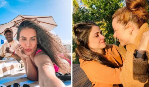 Fernanda Souza e namorada curtem praia com Thiaguinho e Carol Peixinho