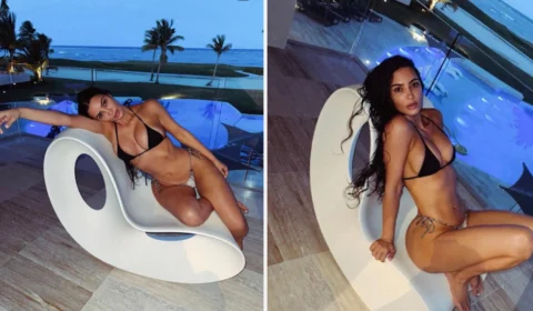 Kim Kardashian exibe corpão em foto com biquíni curto e sem maquiagem