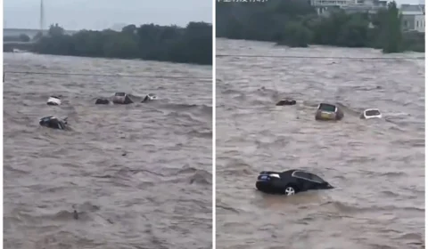 VÍDEO: homem é resgatado em meio a enchentes na China; automóvel capota