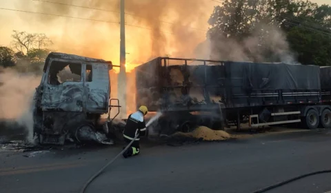 Carreta que transportava soja pega fogo na BR-174 em Manaus