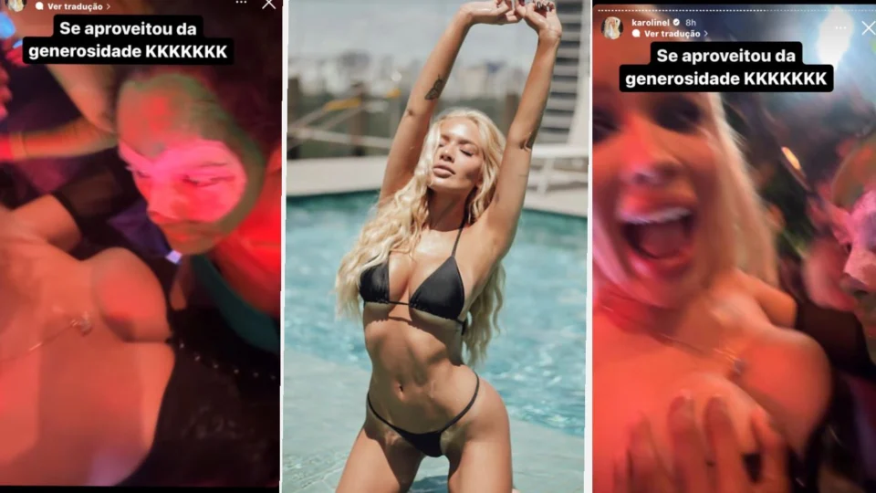 Mulher aperta seios de Karoline Lima, ex de Éder Militão, em festa no nordeste