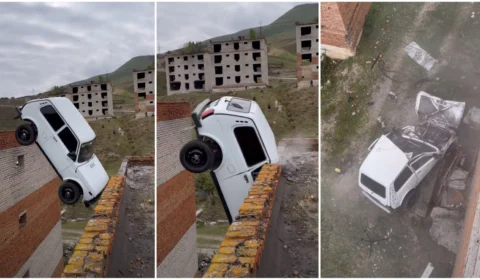 VÍDEO: dublê russo erra salto com carro e despenca de quase 15 metros; veja