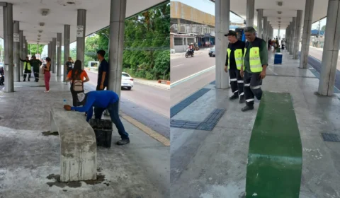 Após vandalismos, bancos de concreto são instalados em plataformas de Manaus