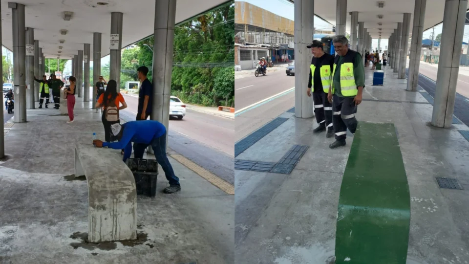 Após vandalismos, bancos de concreto são instalados em plataformas de Manaus