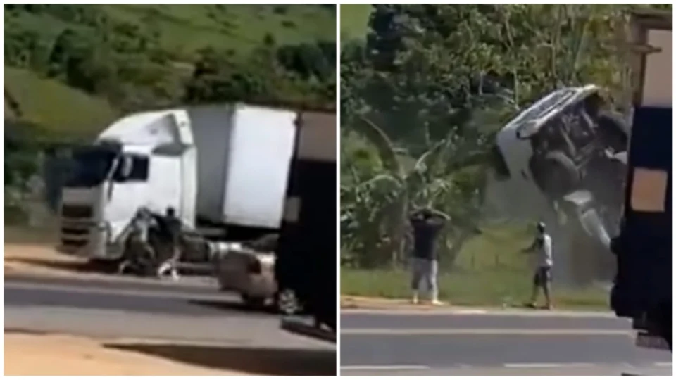 VÍDEO: carreta cai em ribanceira após motorista esquecer de puxar freio de mão