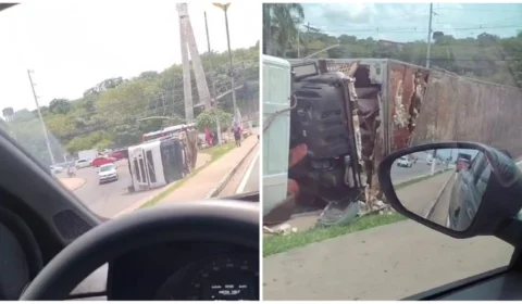 Caminhão tomba em Manaus durante curva em avenida na Zona Oeste