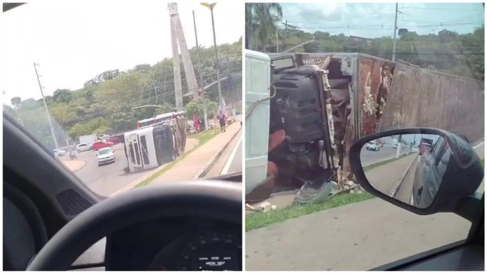 Caminhão tomba em Manaus durante curva em avenida na Zona Oeste