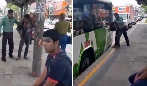 VÍDEO: morador de rua joga pedra em ônibus e motorista tem reação inesperada em Manaus