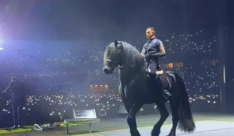Gusttavo Lima leva cavalo de R$500 mil para cima do palco durante show
