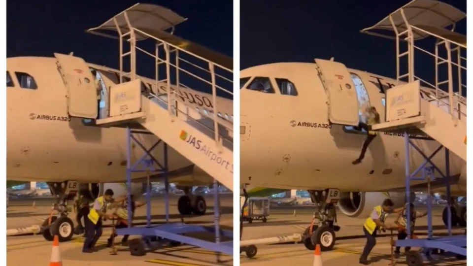 VÍDEO: funcionário despenca de avião na Indonésia