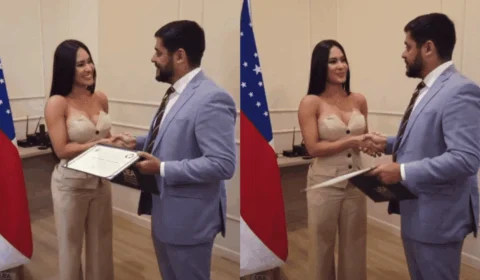 Isabelle Nogueira recebe homenagem da UEA acompanhada de Matteus Amaral