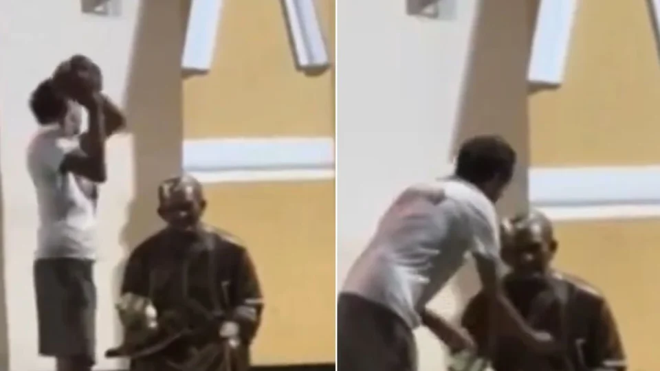 VÍDEO: homem vandaliza imagem de Padre Cícero e é preso no Ceará