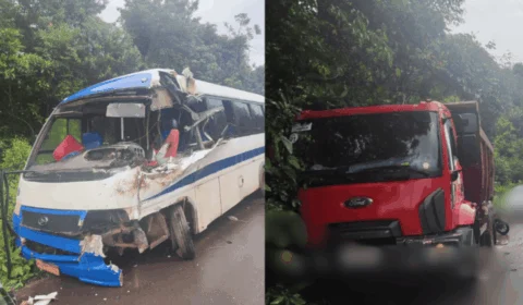 Micro-ônibus escolar e caçamba de lixo colidem no ramal Paricatuba
