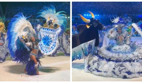 Festival de Parintins: porta-estandarte e sinhá do Caprichoso brilham na 2ª noite