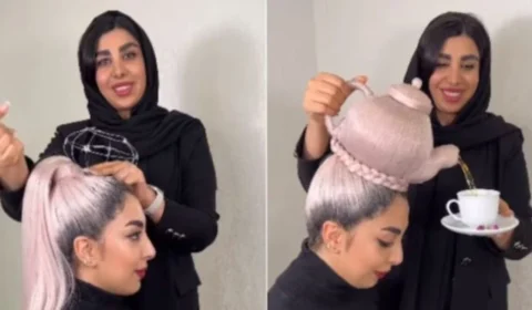 Cabeleireira faz bule de chá funcional com cabelo de modelo