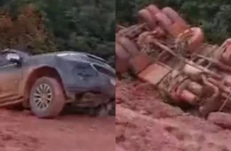 Picape e caçamba despencam de ribanceira na BR-319
